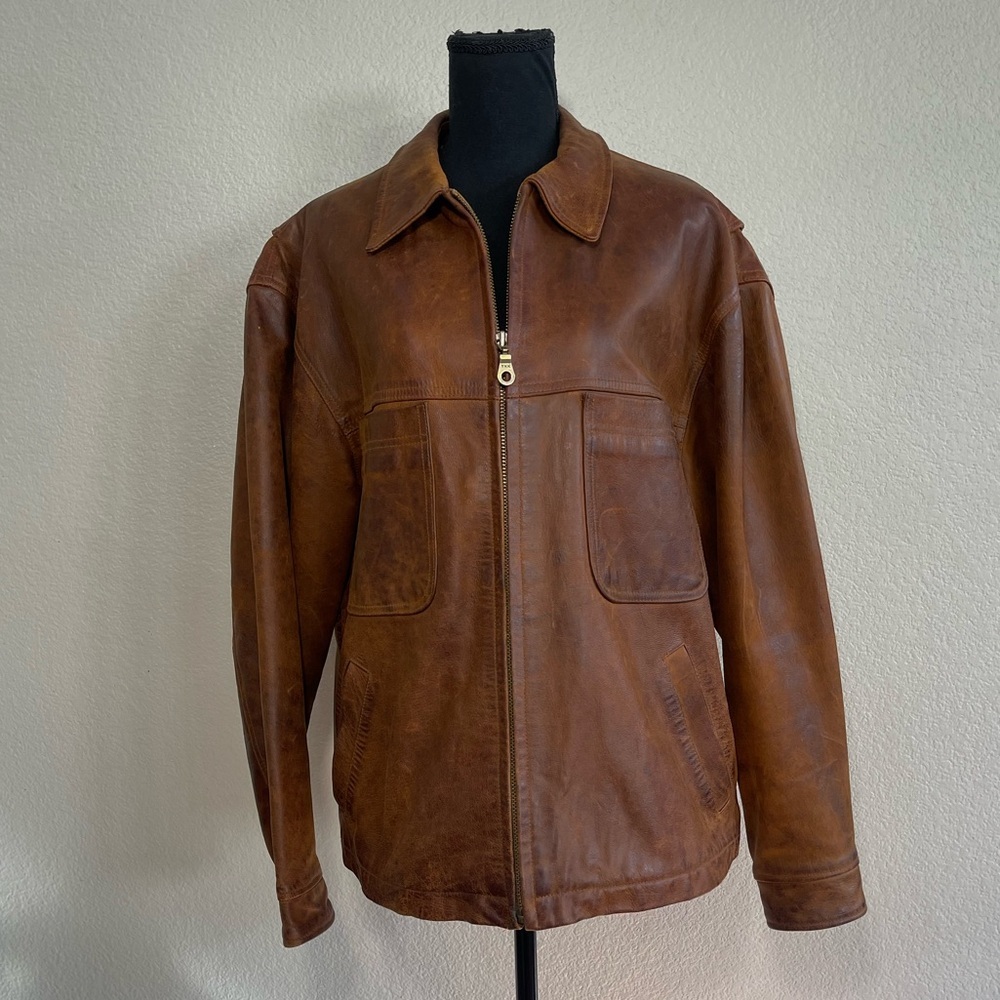 The Territory Ahead Brown Leather Bomber Jacket Men’s Vintage wool lining moto